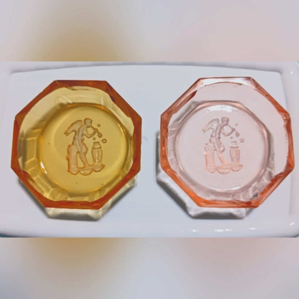 2 Vintage Intaglio Salt Dips - Amber & Pink Octagons